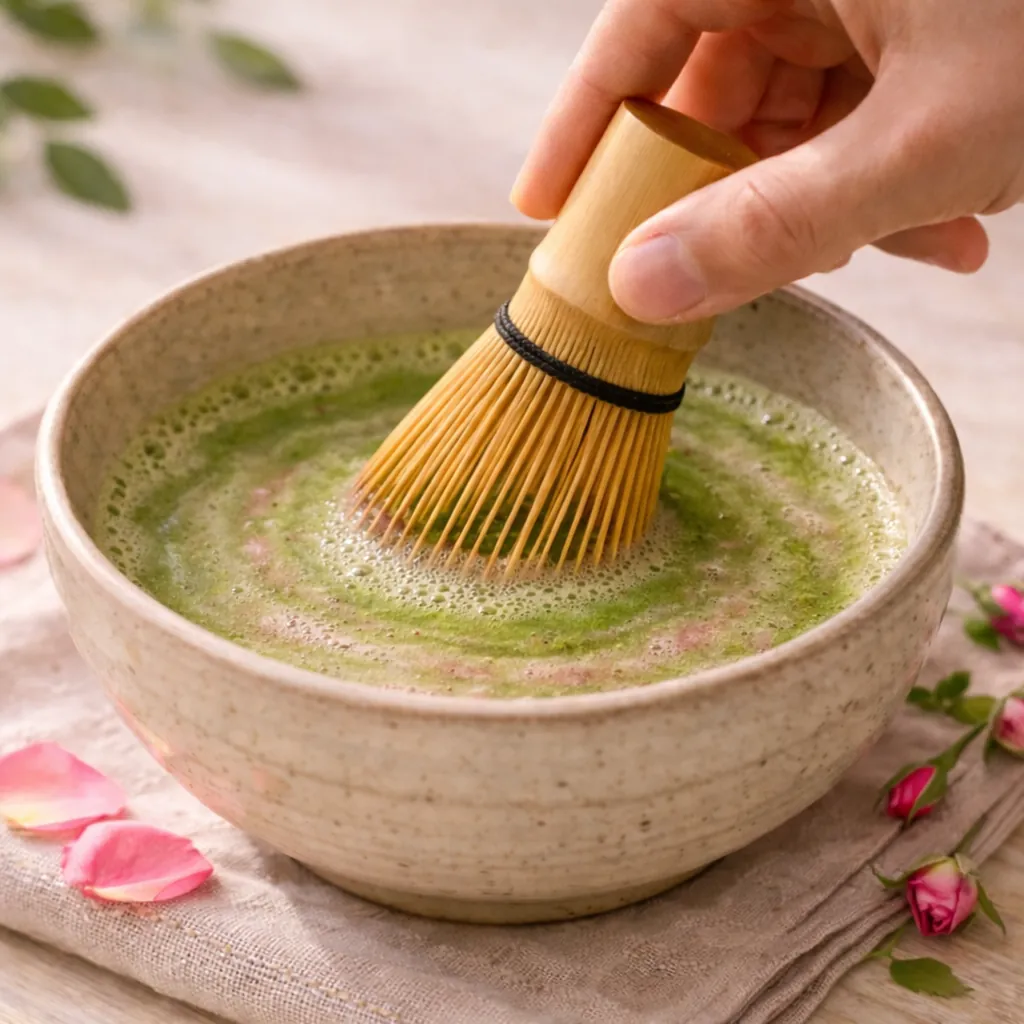 Příprava matchy s damašskou růží